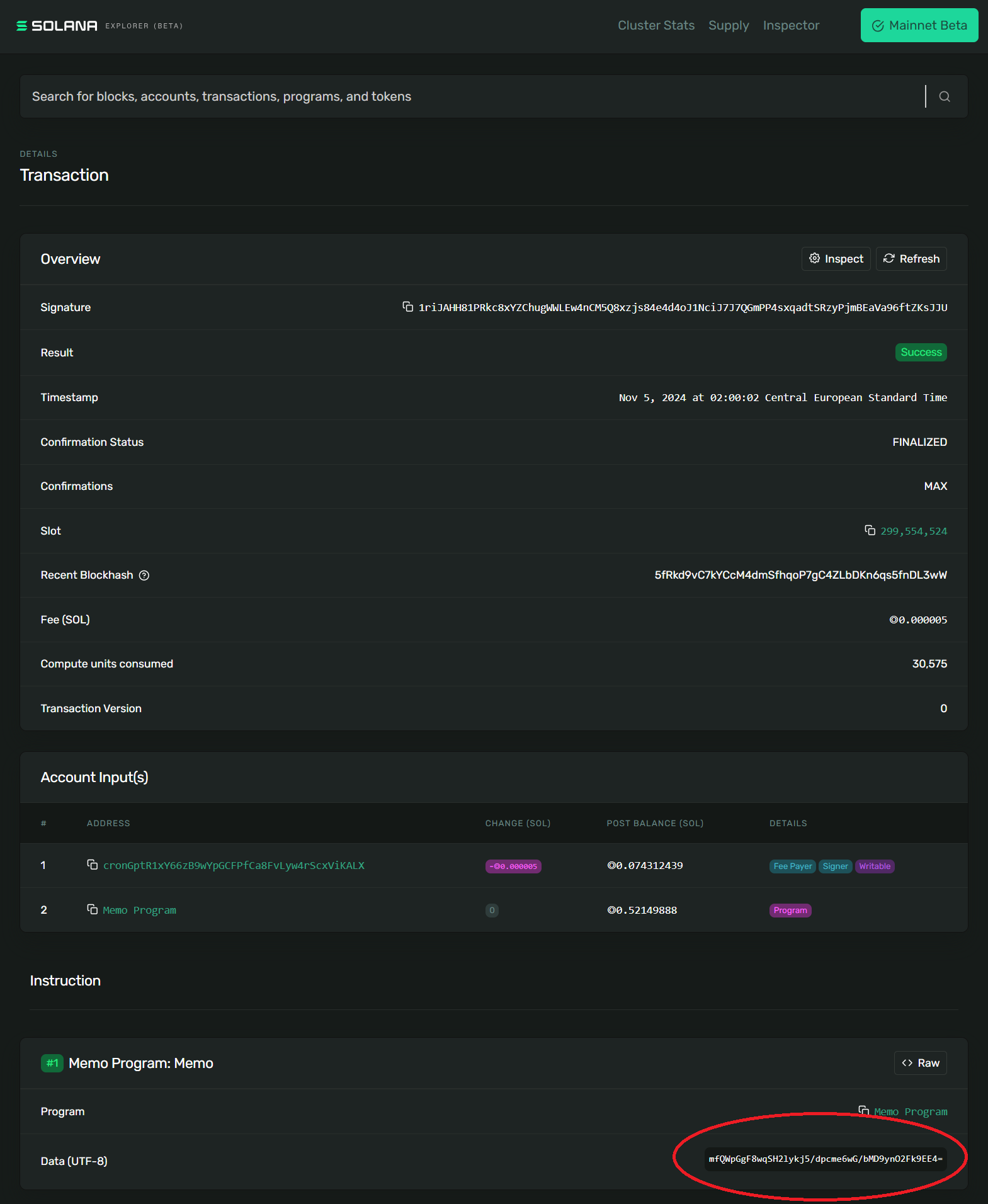 Screenshot of a transaction in the Solana Explorer